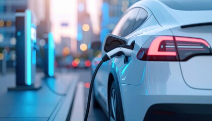 Electric Car Charging at Modern Station with Futuristic Urban Background Emphasizing Clean Energy and Sustainable Transportation