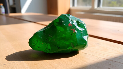 Raw alexandrite stone with natural shape and green color with slight red reflection, placed on a wooden table with natural lighting that emphasizes its texture and color changes,