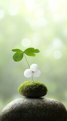 Green Leaf and White Flower on Mossy Stone in Soft Focus Background
