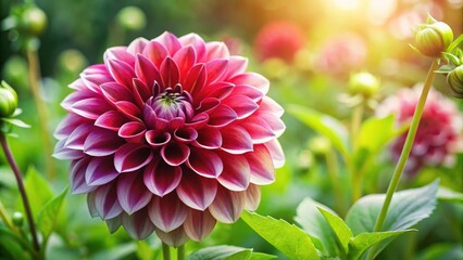 Elegant dahlia flower surrounded by lush green foliage, soft ruby and ivory petals gently swaying in the breeze, floral arrangement, botanical garden