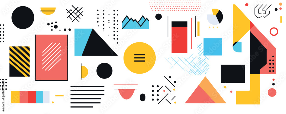 Poster colorful geometric abstract composition with various shapes and patterns on white background.