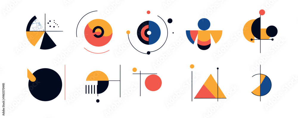 Aufkleber abstract geometric patterns with circles, triangles, and lines in bold colors.