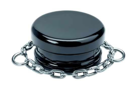 A dark cylindrical object bound by a strong metal chain symbolizing constraint or restriction on transparent background