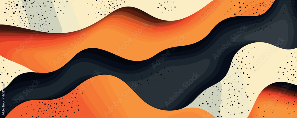 Poster abstract orange and black wavy pattern with dotted texture on light background.