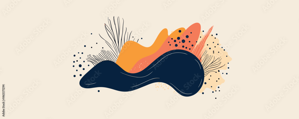 Poster abstract organic shapes with bold color splashes and delicate line elements.