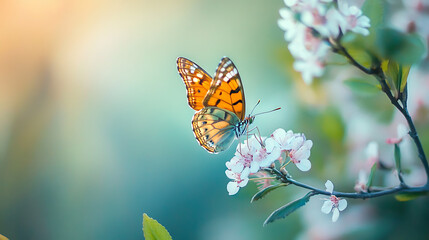 Obraz premium Orange Butterfly on Blossoming Spring Flower in Soft Pastel Blur Nature Background