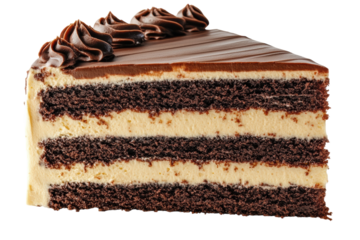 Decadent chocolate layer cake rich frosting swirls creamy filling dark background studio shot on transparent background