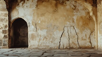 Interior view of a crumbling stone building.