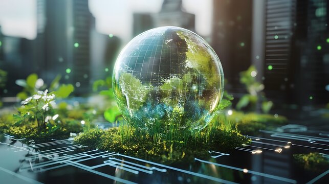 Glass globe earth nestled in greenery among digital circuits.