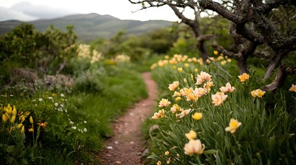 Serene Nature Pathway Surrounded by Vibrant Flowers and Lush Greenery