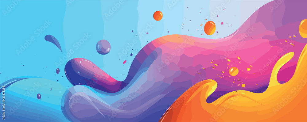 Poster abstract waveform in vivid colors featuring 3d spheres and dynamic fluid shapes.