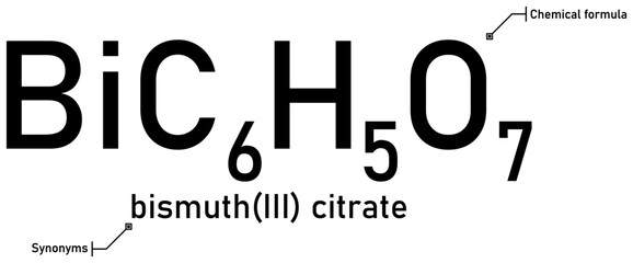 Bismuth(III) citrate chemical formula and synonyms with callout titles