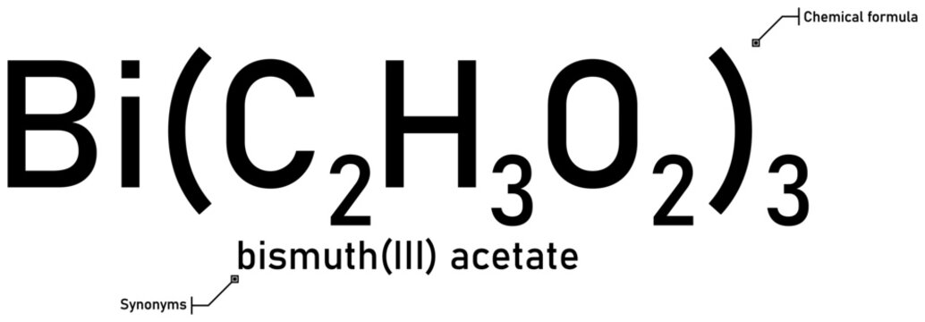 Bismuth(III) acetate chemical formula and synonyms with callout titles