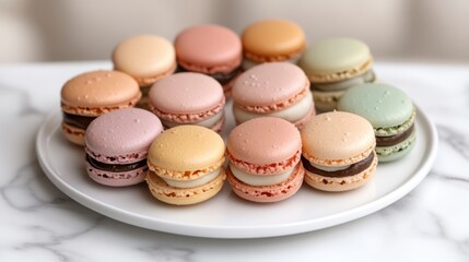 Obraz premium Assorted pastel macaron with chocolate and cream filling on plate