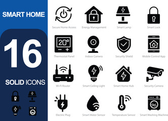 Smart Home Icons – 16 Editable Solid Icons for Smart Home Devices, Security & Energy Management | Vector Set in AI, EPS, SVG | Designed in Adobe Illustrator