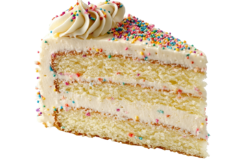 Delicious Funfetti Cake Slice Layers of Vanilla Cake with Creamy Frosting and Rainbow on transparent background