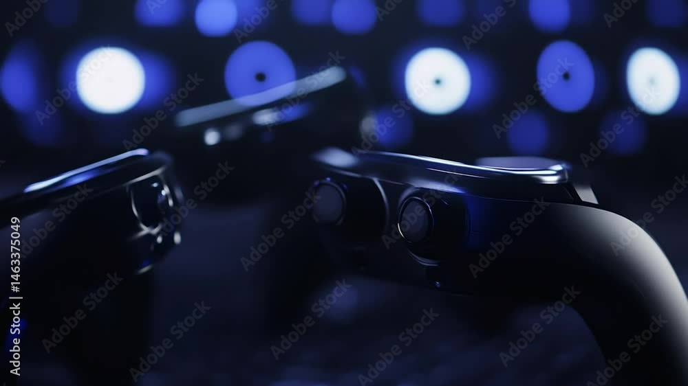 Poster sleek virtual reality controllers in a dark futuristic setting with blue illumination