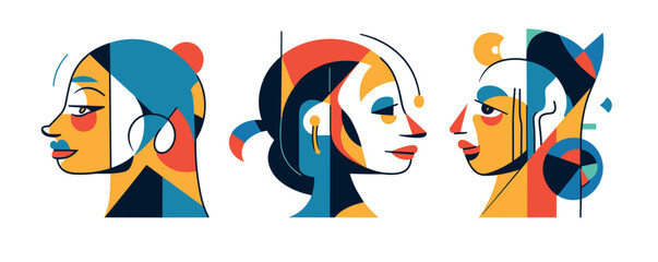 Colorful abstract portraits of three women in cubist style art with geometric designs.