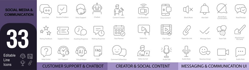 Social Media & Communication &ndash; 33 Editable Line Icons for Chat, Support & Content Creators | Vector Set in AI, EPS, SVG | Designed in Adobe Illustrator