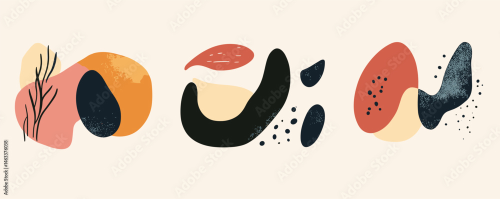Poster abstract geometric shapes with textured patterns and earth tones on cream background.