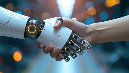 Futuristic Robot Hand Shaking Human Hand Against Glowing Background Representing Advanced AI Collaboration