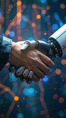 Futuristic Robot Hand Shaking Human Hand Against Glowing Background Representing Advanced AI Collaboration