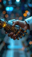 Futuristic Robot Hand Shaking Human Hand Against Glowing Background Representing Advanced AI Collaboration