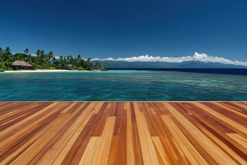 Tropical beach vista from a wooden deck.  Clear turquoise water meets a sandy beach, framed by palm trees and a secluded hut. A vibrant blue sky with some clouds above.  