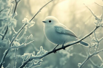 Soft Dreamy Bird on Frosty Branch with Teal and White Bokeh Light