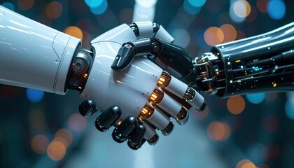 Futuristic Robot Hand Shaking Together Against Glowing Background Representing Advanced AI Collaboration