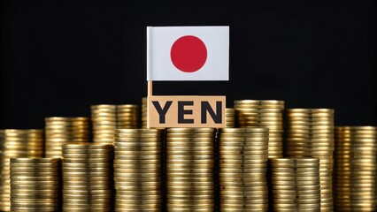 Modern wealth savings and financial growth. Japanese yen with flag on gold coins, symbolizing currency and finance.