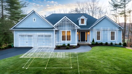 Obraz premium A rendered facade of a house with architectural plans overlaid.
