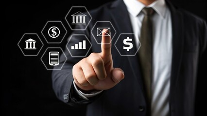 Modern wealth savings and financial growth. Businessman interacting with financial icons in a digital interface.