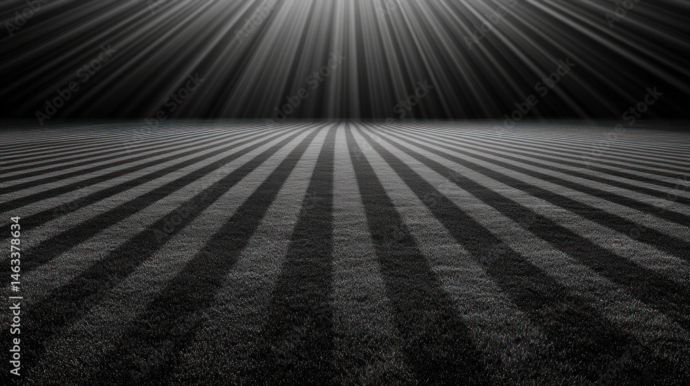 Poster striking monochrome stripes with light rays receding into distance for visual depth