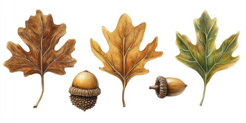 Detailed Botanical Illustration of Autumn Leaves and Acorns: A Close-Up Study of Oak Leaf Varieties and Their Accompanying Acorns, Displaying Rich Fall Hues and Intricate Veining.