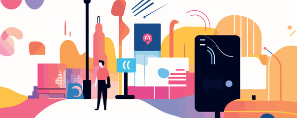 Abstract urban landscape with standing man in colorful geometric futuristic cityscape.