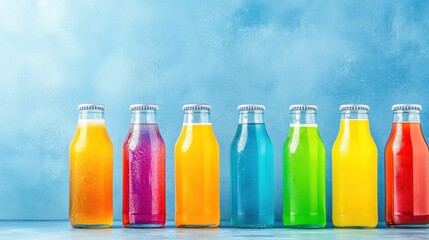Colorful carbonated drinks in glass bottles on blue