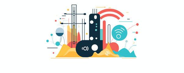 Abstract futuristic cityscape with colorful geometric shapes and wireless signals.