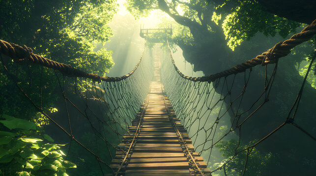 Fototapeta Suspended Pathway: Navigating Nature's Canopy on a Thrilling Rope Bridge Adventure