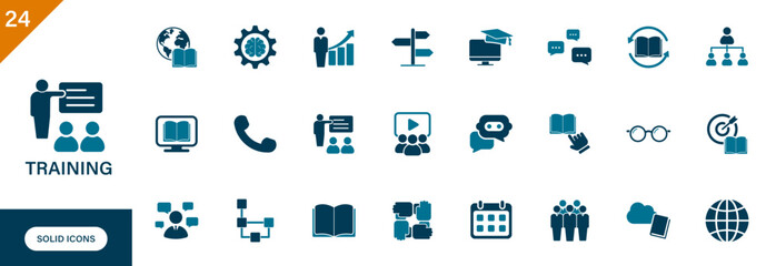 Training icons. Containing learning, knowledge, education, orientation, learning goals. Solid vector icon set.