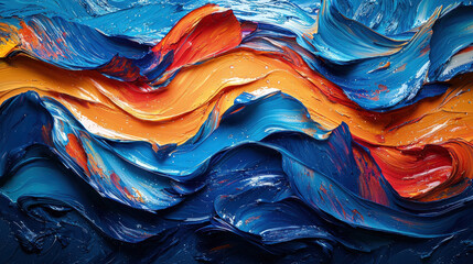 Obraz premium A dynamic canvas of vibrant blue, orange, and red, where abstract brushstrokes and pallet knife swirls danced across layers of overlapping paper, creating a mesmerizing symphony of color and 