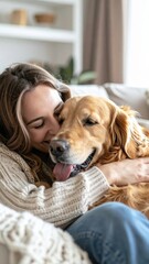 Woman Cuddling Golden Retriever dog on Couch in Bright Home Interior Showing Joyful Pet Bonding and Companionship