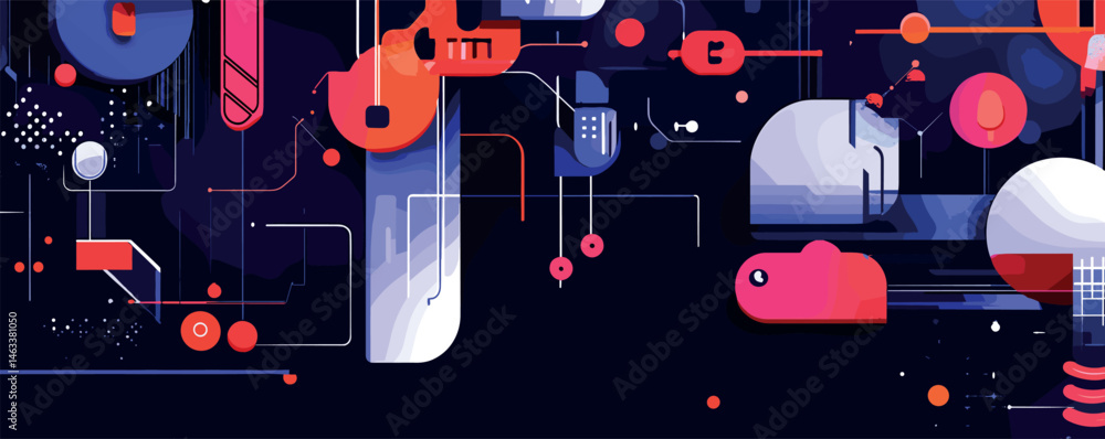 Poster abstract geometric design with vibrant colors and dynamic shapes on dark background.
