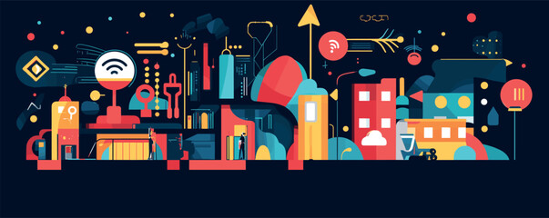 Futuristic urban skyline with abstract city elements and digital connectivity symbols.