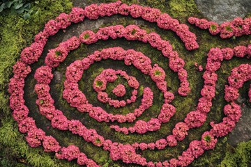 Intricate spiral design of pink flowers on a mossy stone surface.