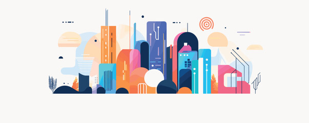 Illustrated futuristic cityscape with abstract buildings and vibrant colors.