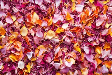 Colorful flower petals scattered on a surface.