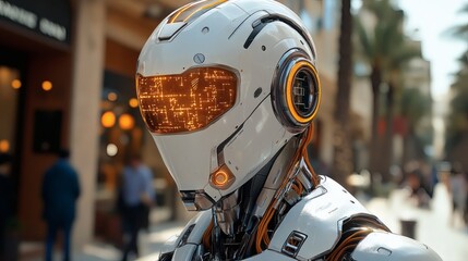 Futuristic robot head urban setting