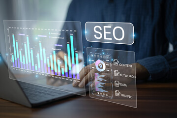 Businessman analyzing SEO performance using digital tools and data visualization to improve website traffic, keyword strategy, and content planning.