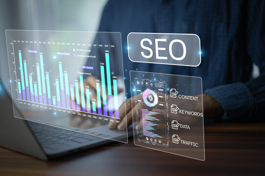 Businessman analyzing SEO performance using digital tools and data visualization to improve website traffic, keyword strategy, and content planning.